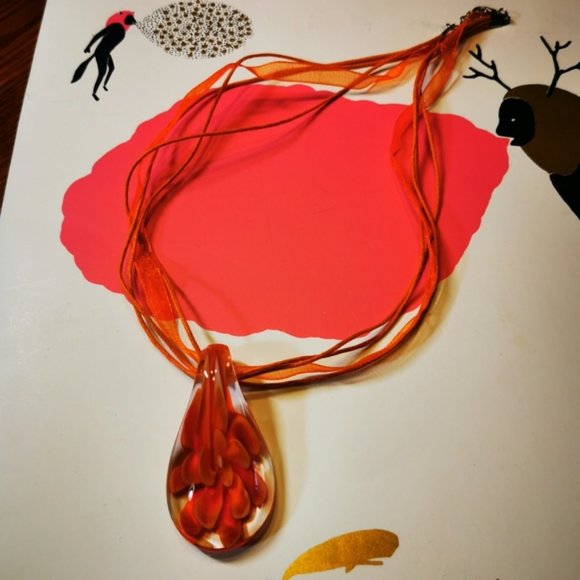 Art Glass Pendent Clear Glass with Orange Flower ~ Ribbon and Cord Nec… - Picture 4 of 16